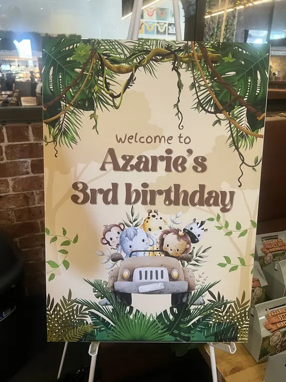 Jungle-themed third birthday welcome sign