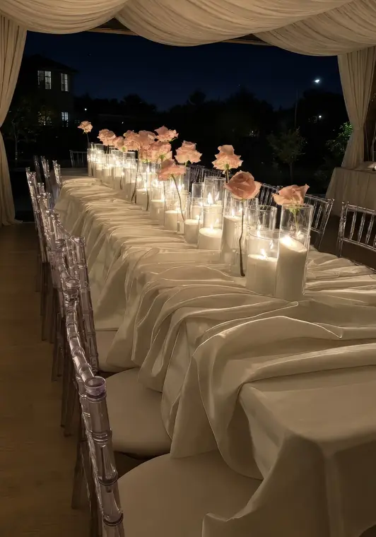 Long marquee table styled with roses and candlelight at night