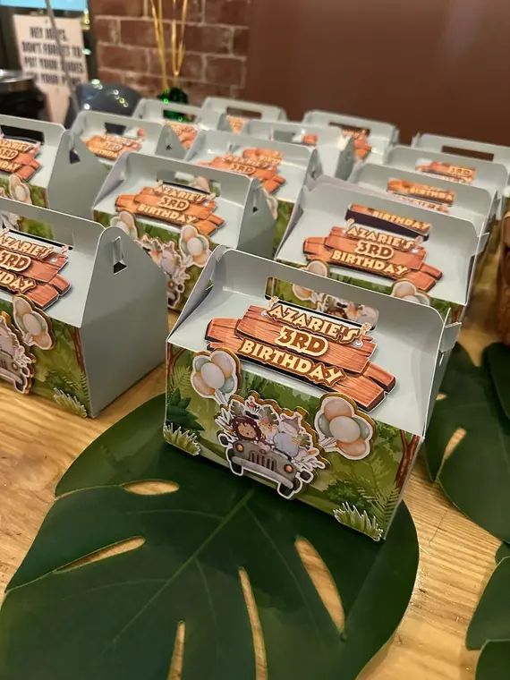 Personalised jungle-themed birthday favour boxes